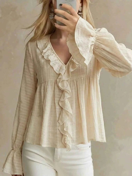 Ruffled V-Neck Flounce Sleeve Blouse