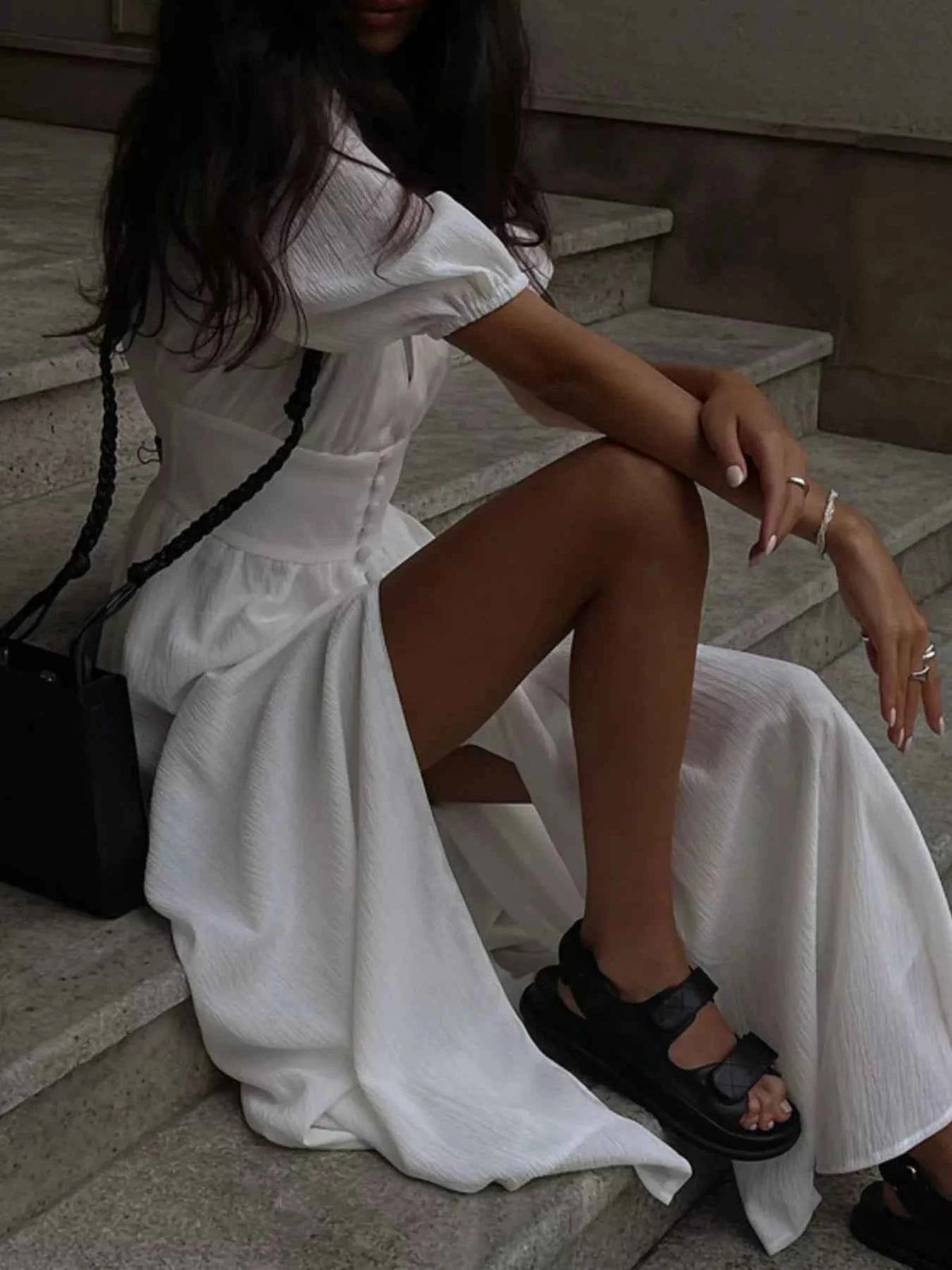 Slit Puff Sleeve Maxi Dress