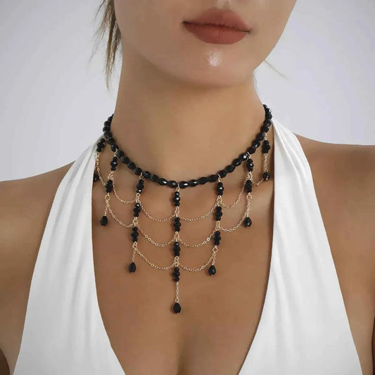 Beaded Choker Necklace with Draping Chains