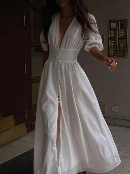Slit Puff Sleeve Maxi Dress