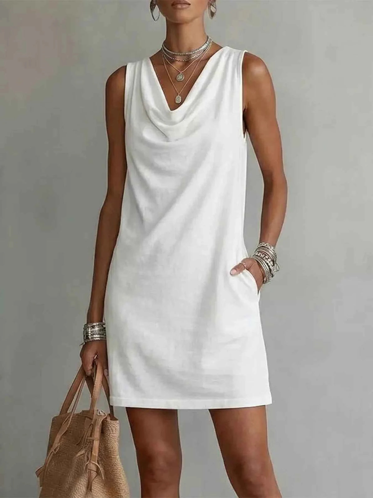 Full Size Sleeveless Cowl Neck Mini Dress Plus Size