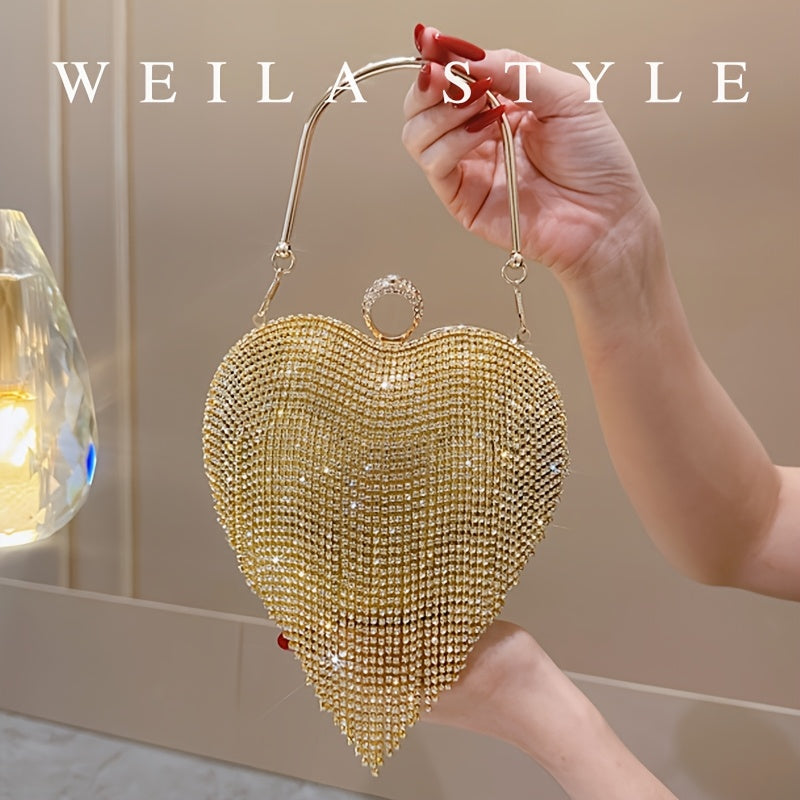 Heart-Shaped Rhinestone Evening Bag with Luxurious Tasselss