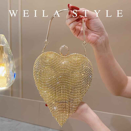 Heart-Shaped Rhinestone Evening Bag with Luxurious Tasselss