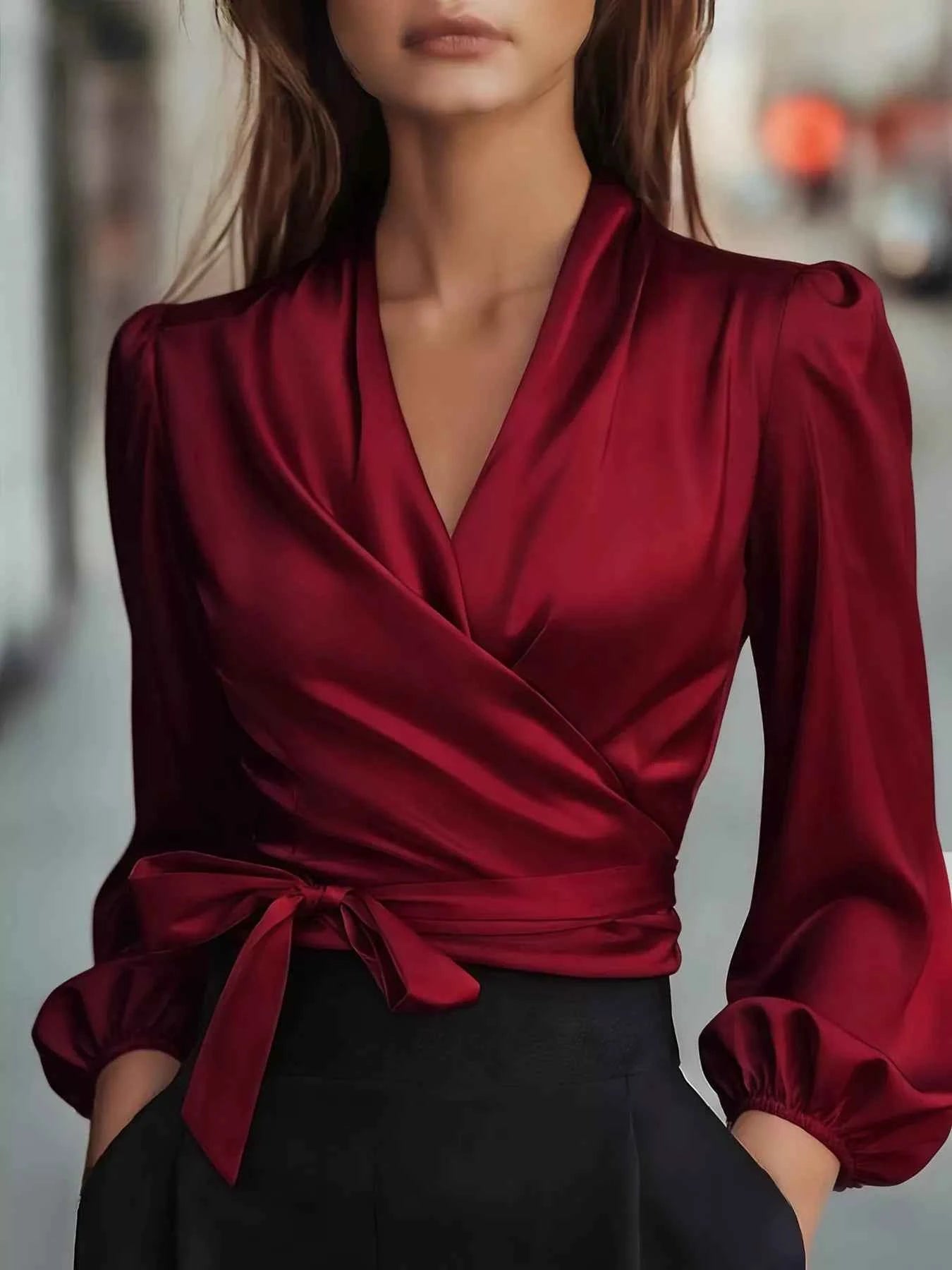 Elegant Satin Wrap Blouse with Bow Detail