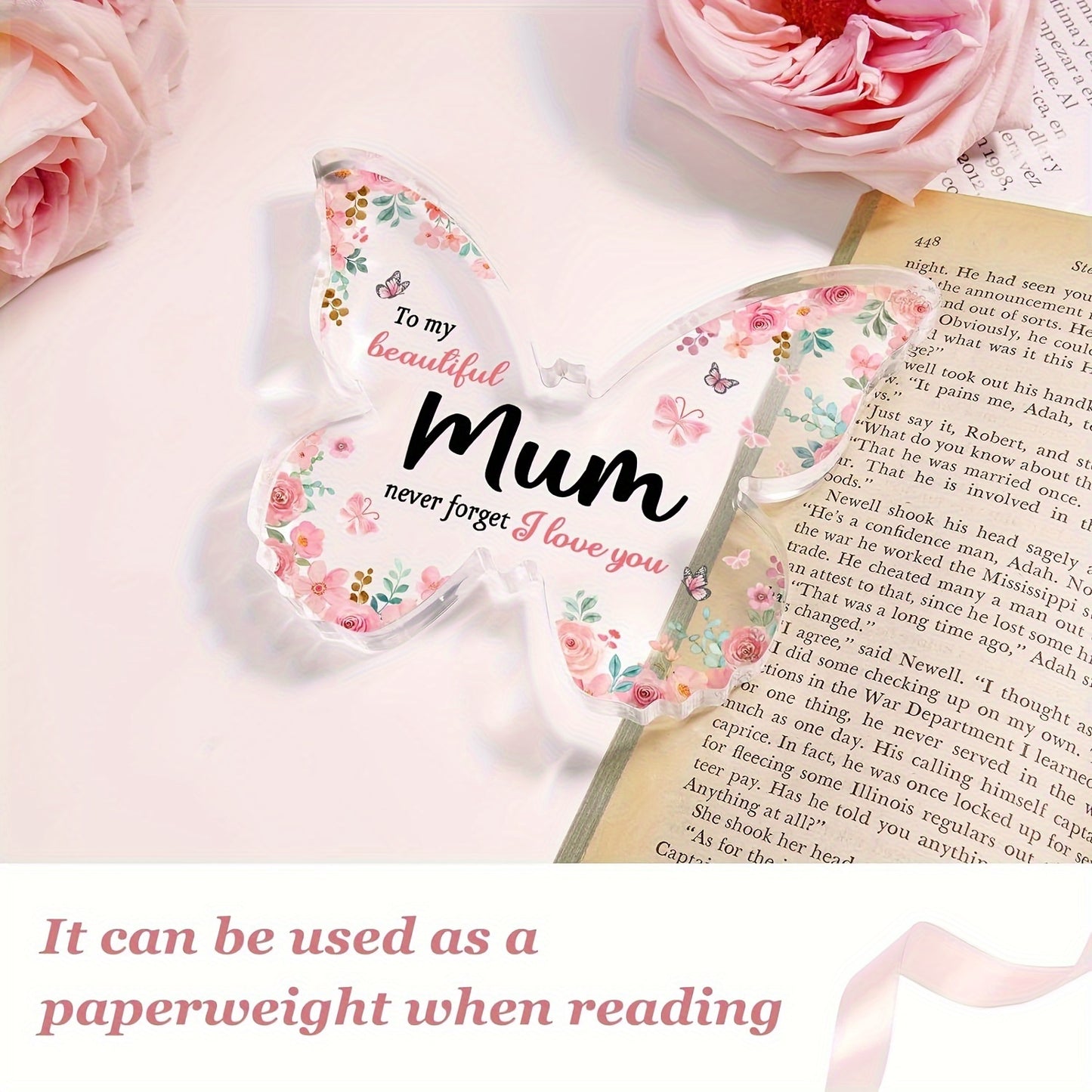 1pc Elegant Butterfly-Shaped Acrylic Plaque with Floral Design - "to My Beautiful Mum" Engraved Message - Beau-tish Beau-tish