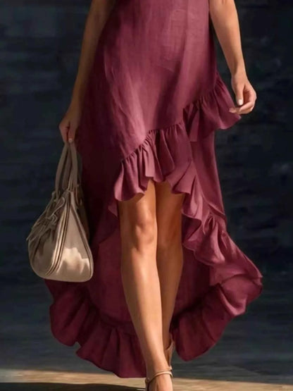 Full Size V-Neck Ruffle Hem High-Low Dress Plus Size