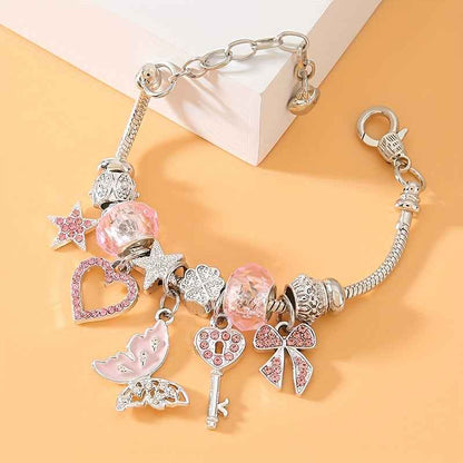Pink Key Pendant with Princess-style, Butterfly, and Bowknot Heart-shaped Pendant Ladies' Adjustable Stainless Steel Bracelet, Celebrity Style