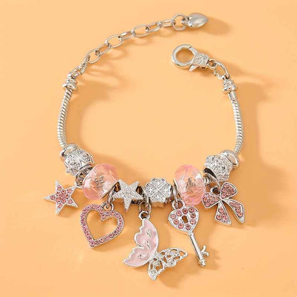 Pink Key Pendant with Princess-style, Butterfly, and Bowknot Heart-shaped Pendant Ladies' Adjustable Stainless Steel Bracelet, Celebrity Style
