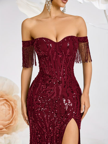 Off-Shoulder Beaded Evening Gown with Tassel Detail