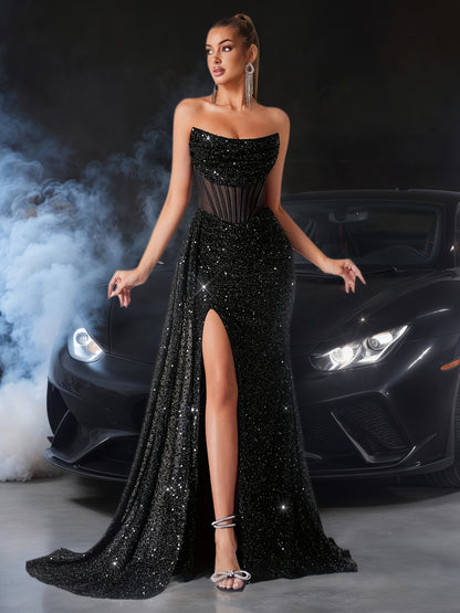 Sequin Evening Gown with Statement Slit