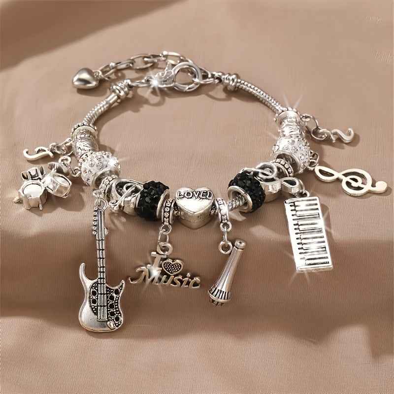 Music Theme Heart Bracelet - Women's Gift with Guitar, Microphone, Drum Set, and Piano Pendant LOVE Heart Charm Beads