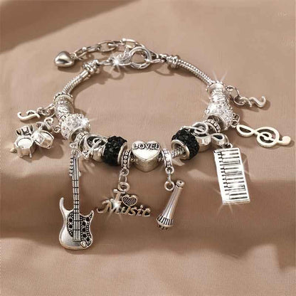 Music Theme Heart Bracelet - Women's Gift with Guitar, Microphone, Drum Set, and Piano Pendant LOVE Heart Charm Beads
