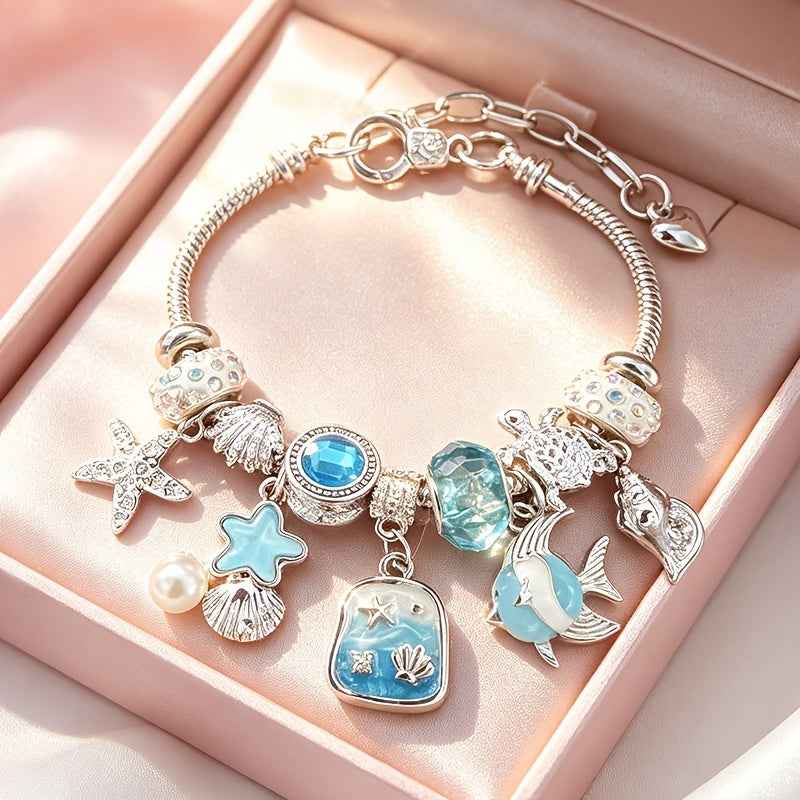 Silvery Tone Women's Adjustable Charm Bracelet, Snake Chain Bangle with Blue Beads, Starfish, Turtle, Fish And Shell Pendants