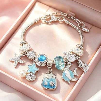 Silvery Tone Women's Adjustable Charm Bracelet, Snake Chain Bangle with Blue Beads, Starfish, Turtle, Fish And Shell Pendants