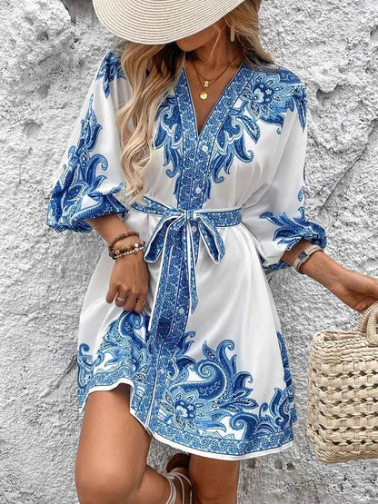 Paisley Print V-Neck Belted Mini Dress