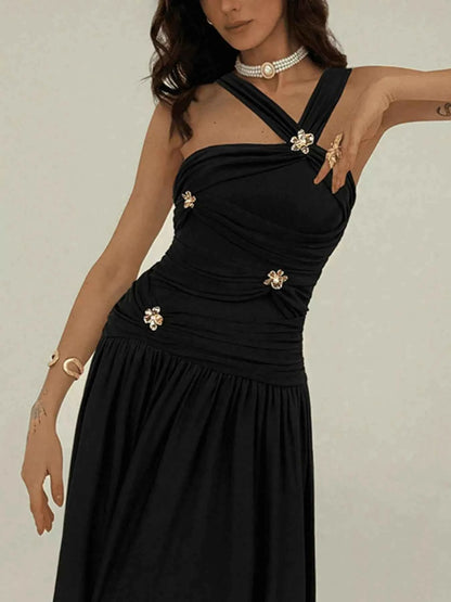 Ruched Sleeveless Maxi Dress with Embellishments
