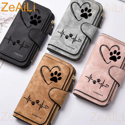 New Retro Elegant Simple Love Printed Fashion Printed Women's Card Bag Heart-shaped Paw Print Wallet Large Capacity