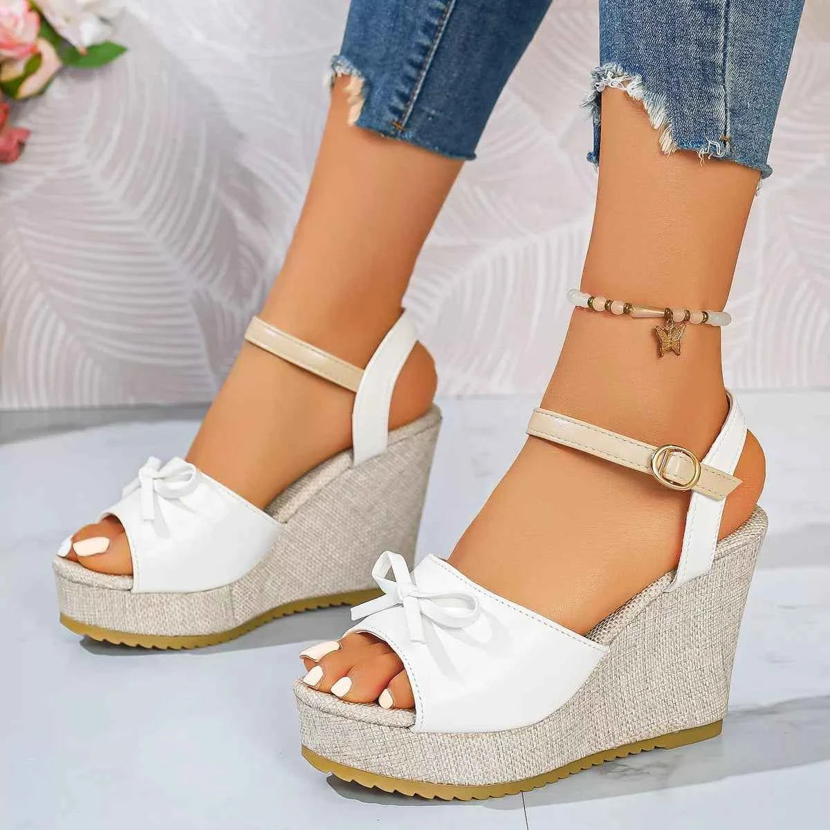 Bow Peep Toe Wedge Sandals