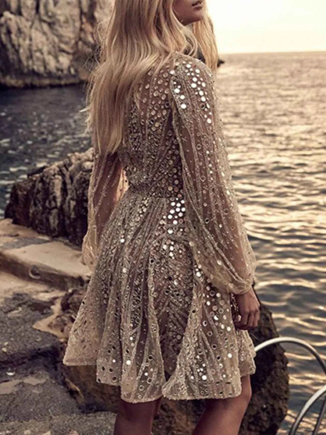 Sequin Deep V-Neck Mini Dress