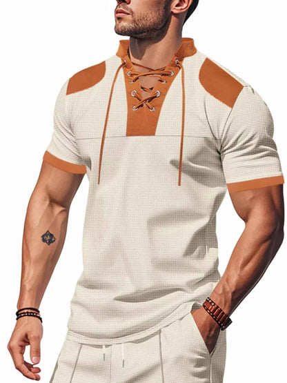 Men's Full Size Lace-Up Neckline Short Sleeve T-Shirt Plus Size