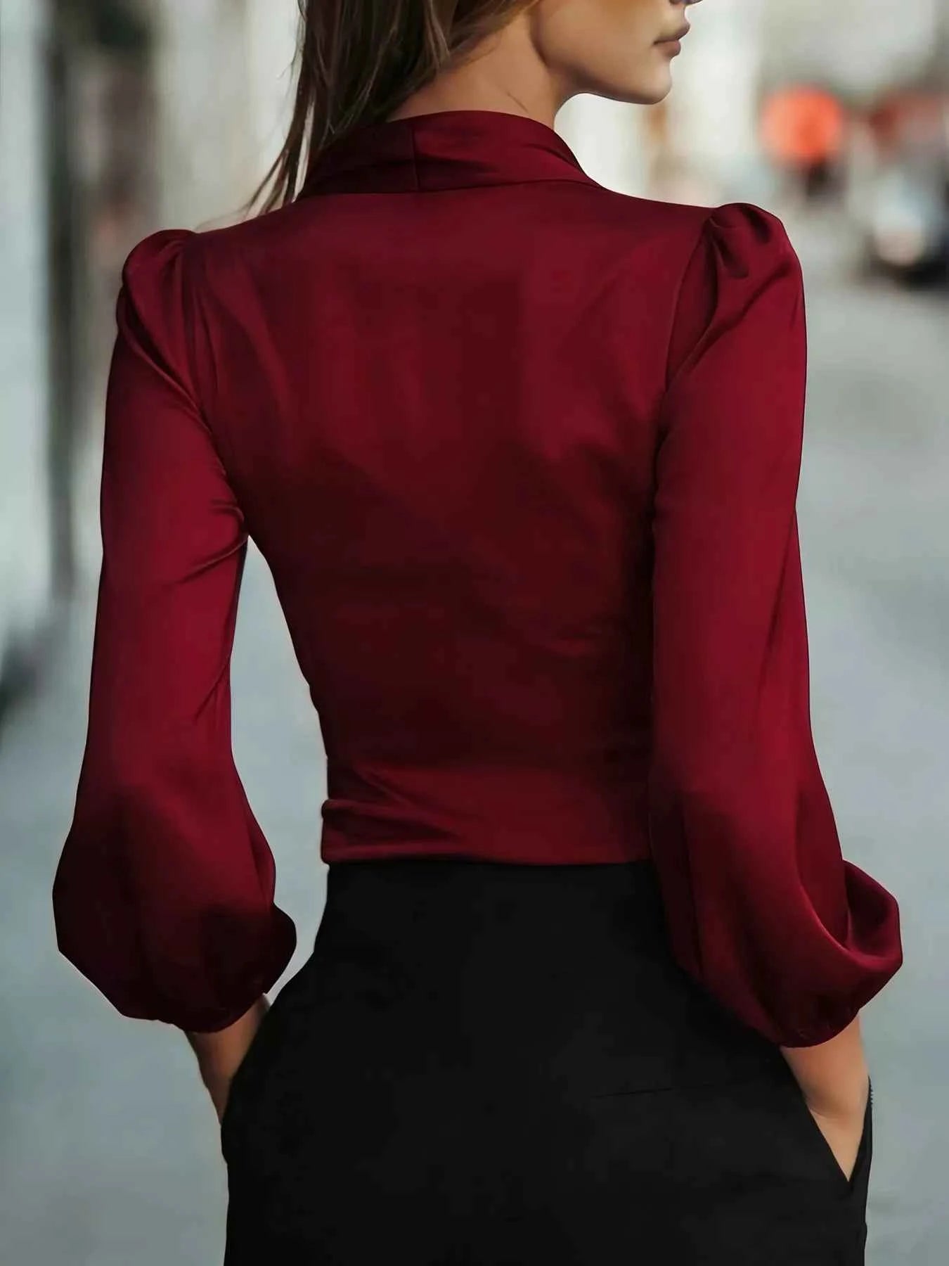 Elegant Satin Wrap Blouse with Bow Detail