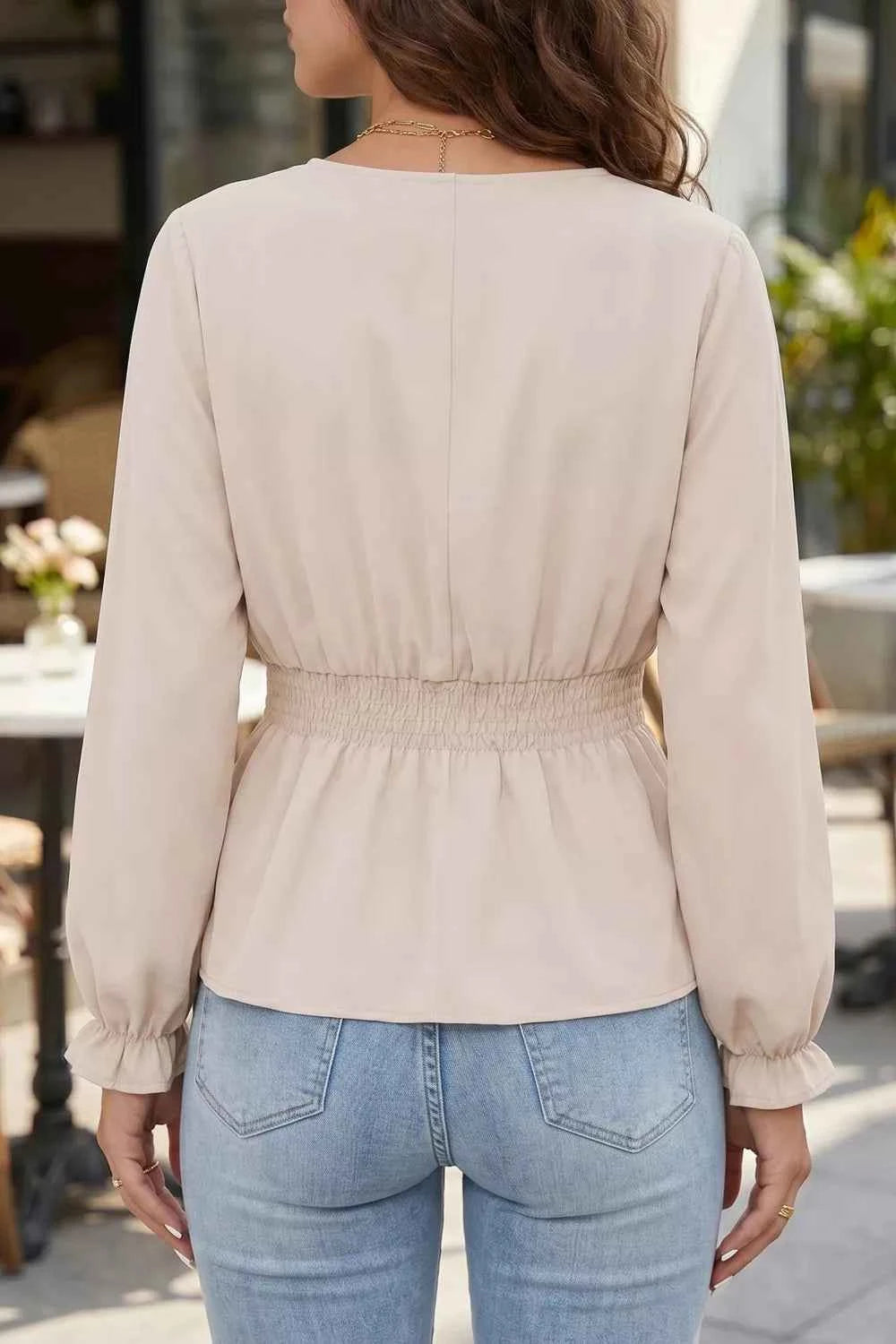V Neck Long Sleeve Smocked Waist Elegant Blouse