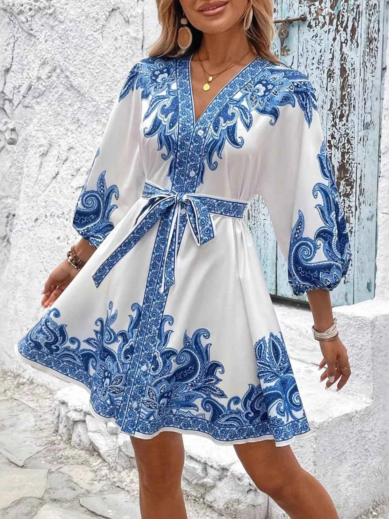 Paisley Print V-Neck Belted Mini Dress