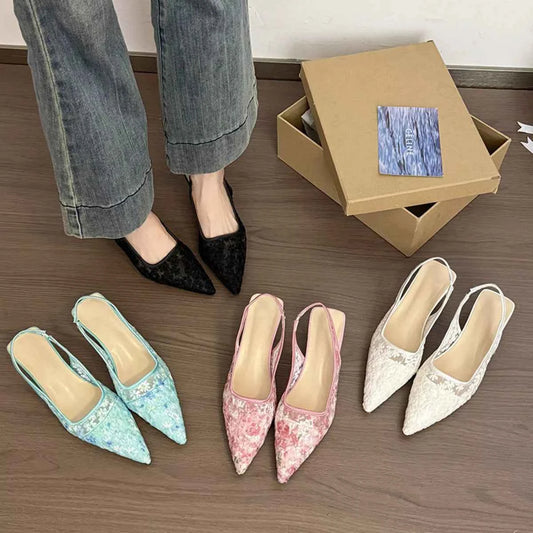 Lace Pointed-Toe Slingback Pumps