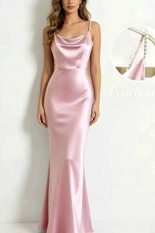 Pearl Strap Cowl Neck Satin Maxi Dress