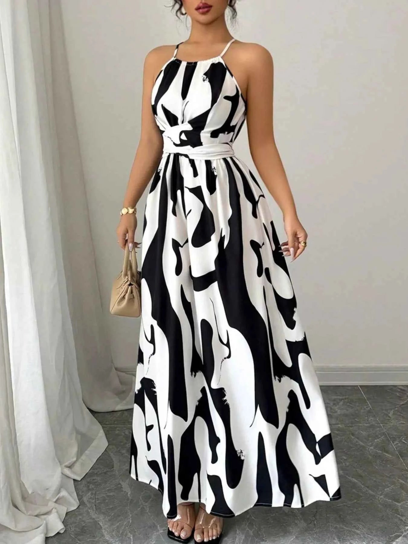 Abstract Print Halter Neck Maxi Dress
