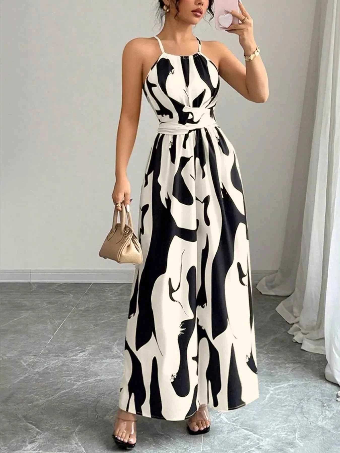 Abstract Print Halter Neck Maxi Dress