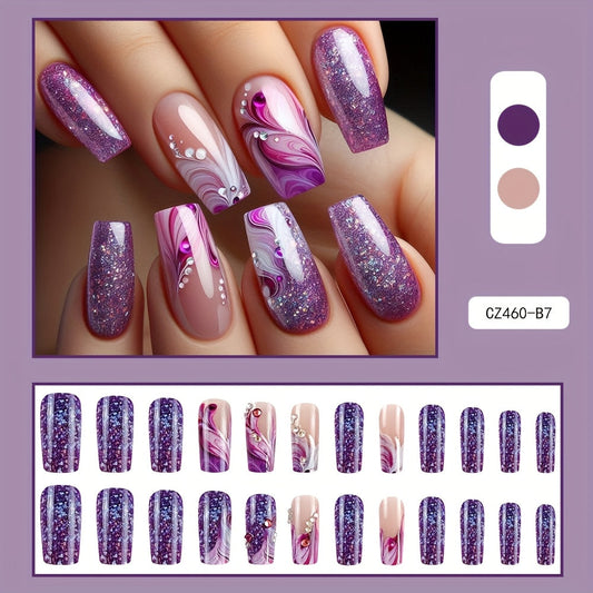 24pcs Glossy Medium Coffin Press On Nails Purple Flower Glitter Powder Pattern Fake Nails Shiny Artificial Reusable False Nails for Wome