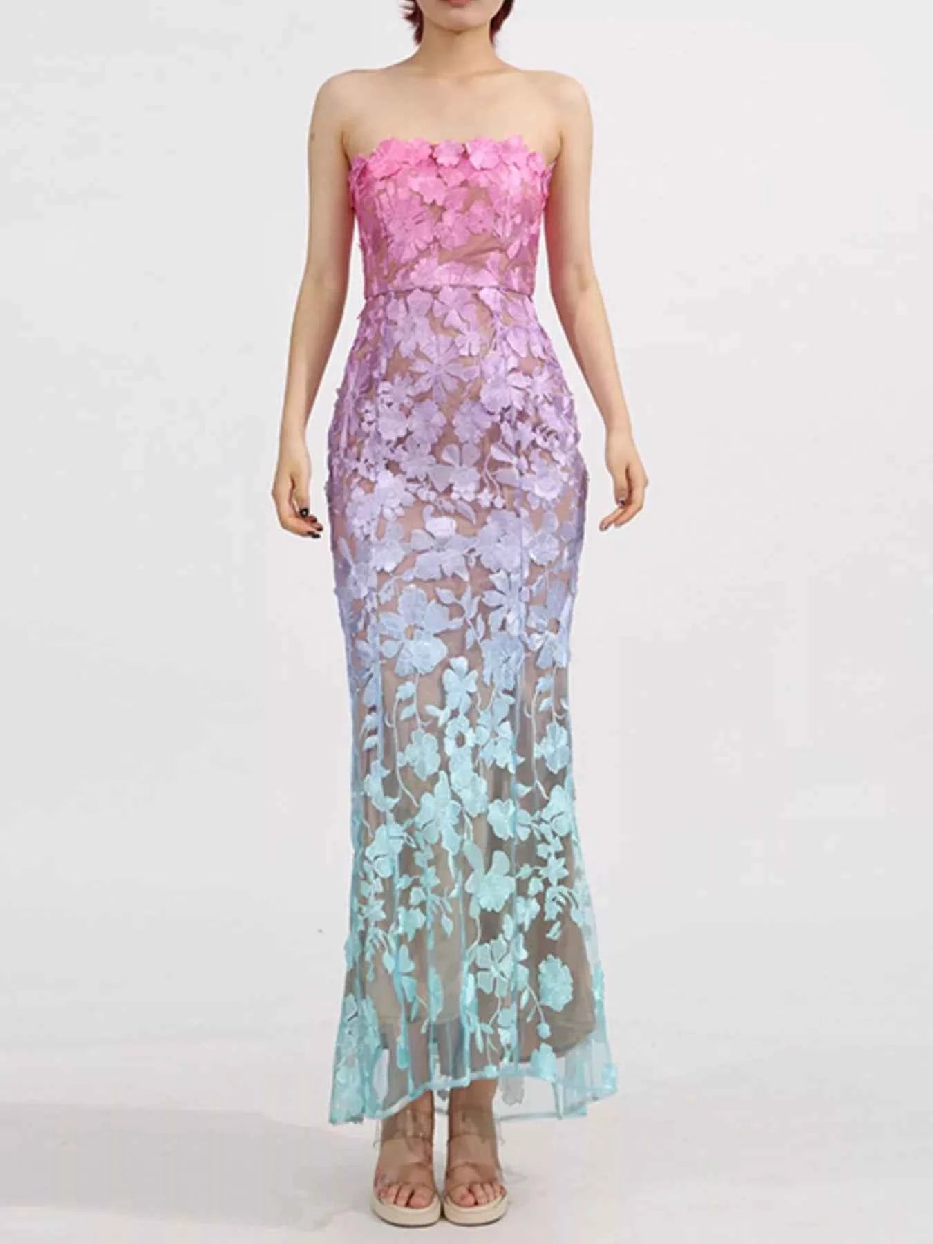 Floral Embroidered Tube Maxi Dress