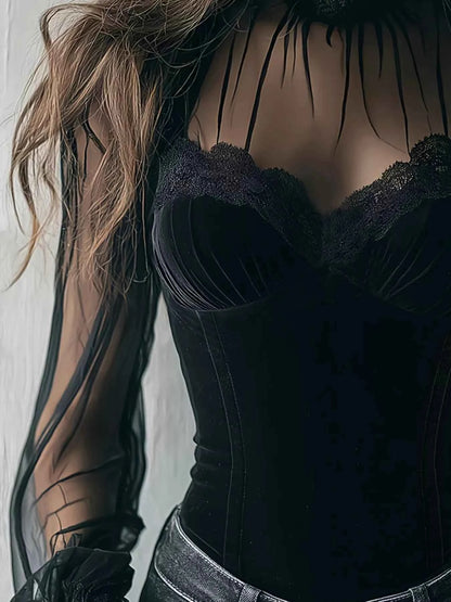 Lace Trim Velvet Sheer Sleeve Blouse