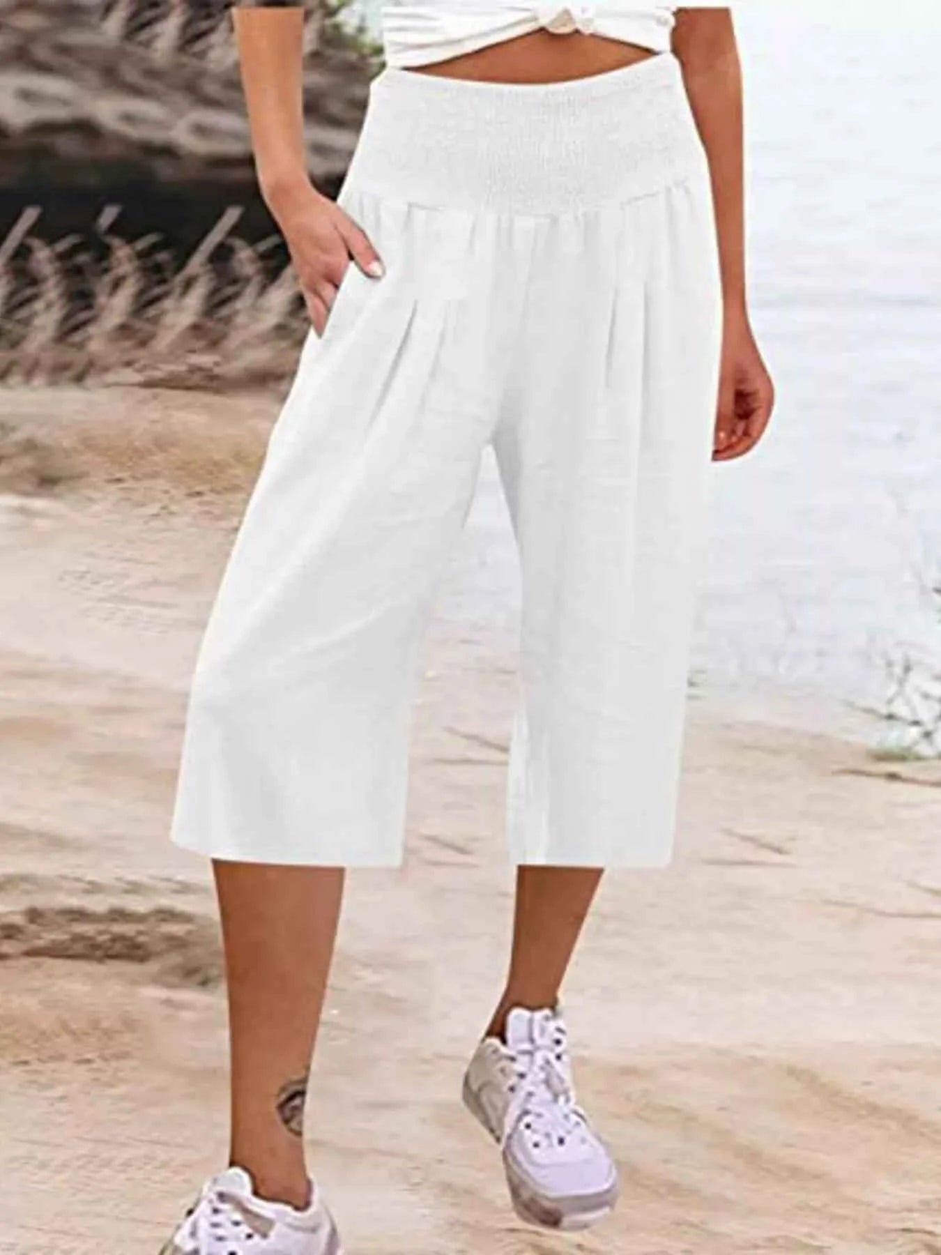 Smocked Wide-Leg Capri Pants