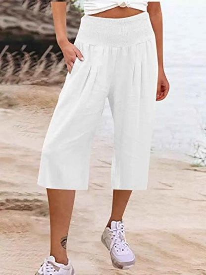 Smocked Wide-Leg Capri Pants