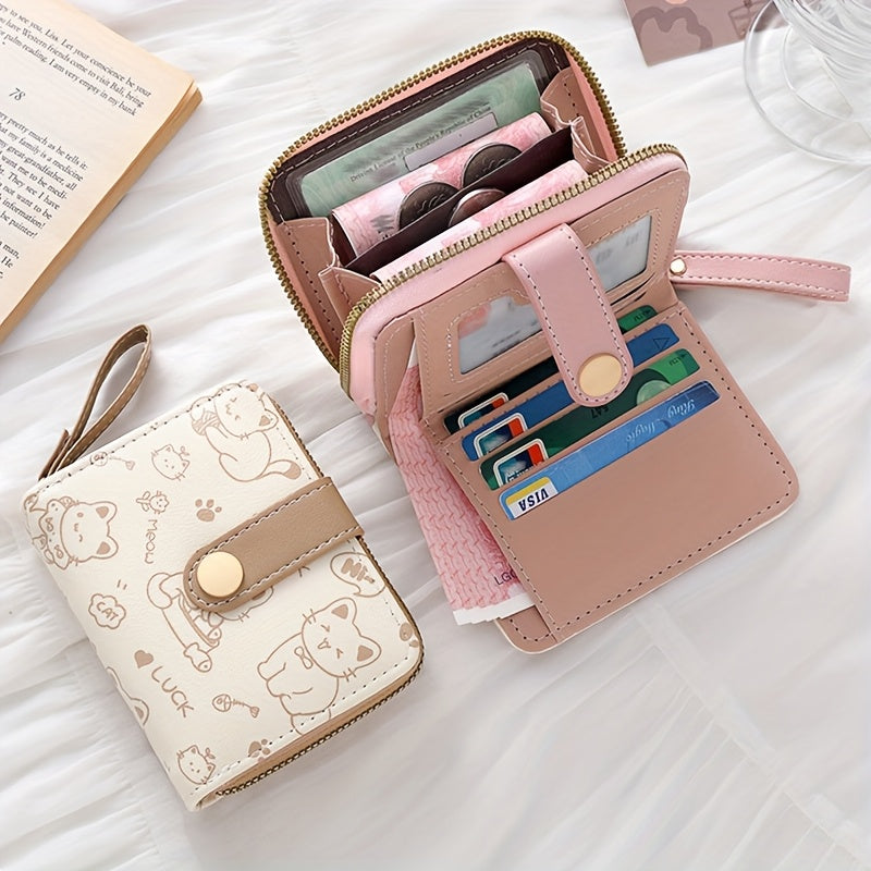 Printed Cute Bear Women's Wallet - Original Minimalist Japanese Style Tri-Fold Snap Closure Student Short Women's Coin Purse Clutch