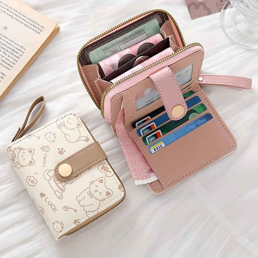 Printed Cute Bear Women's Wallet - Original Minimalist Japanese Style Tri-Fold Snap Closure Student Short Women's Coin Purse Clutch