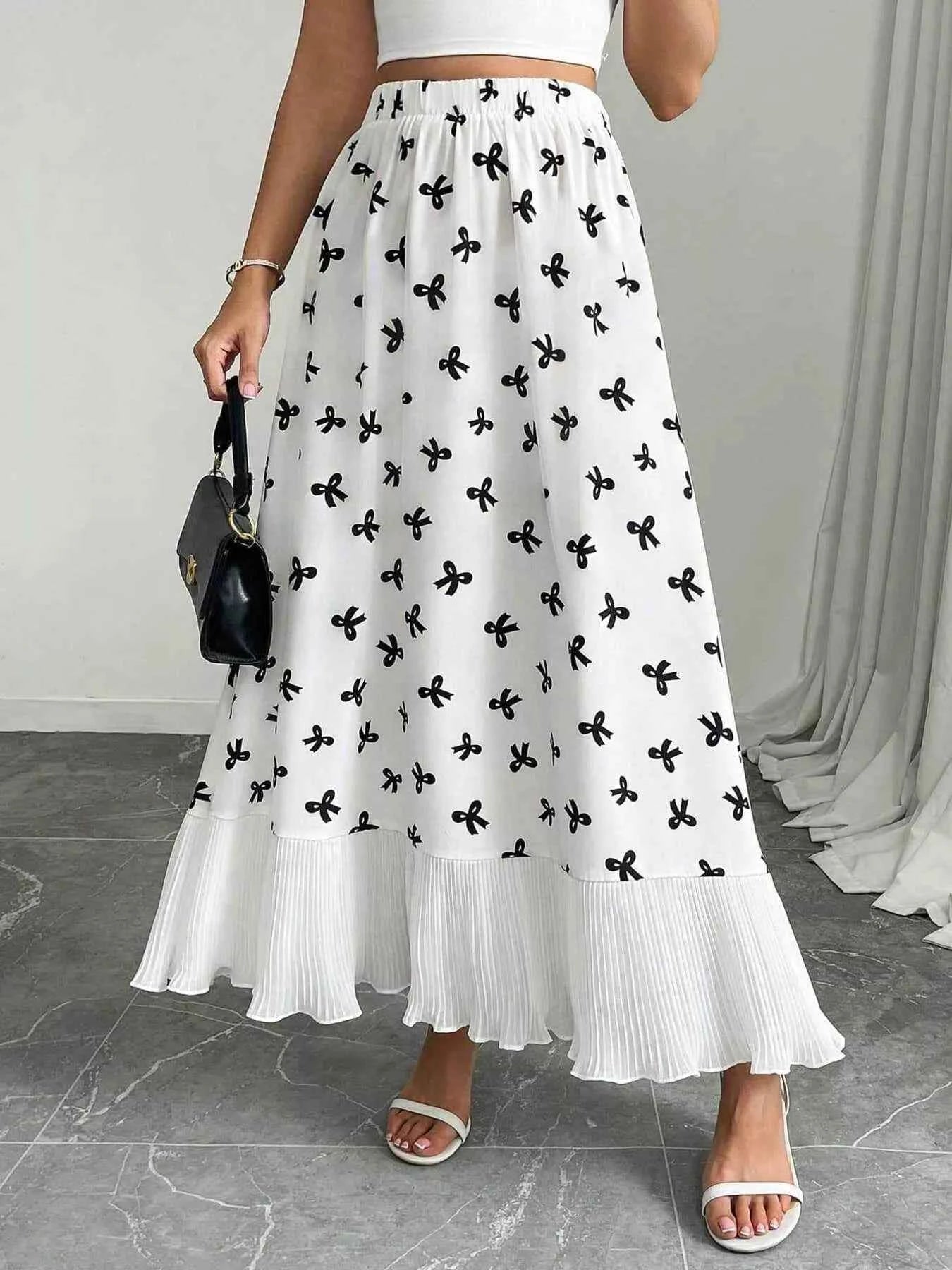 Bow Print Ruffle Hem Flowy Maxi Skirt