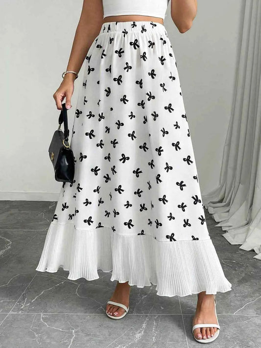Bow Print Ruffle Hem Flowy Maxi Skirt