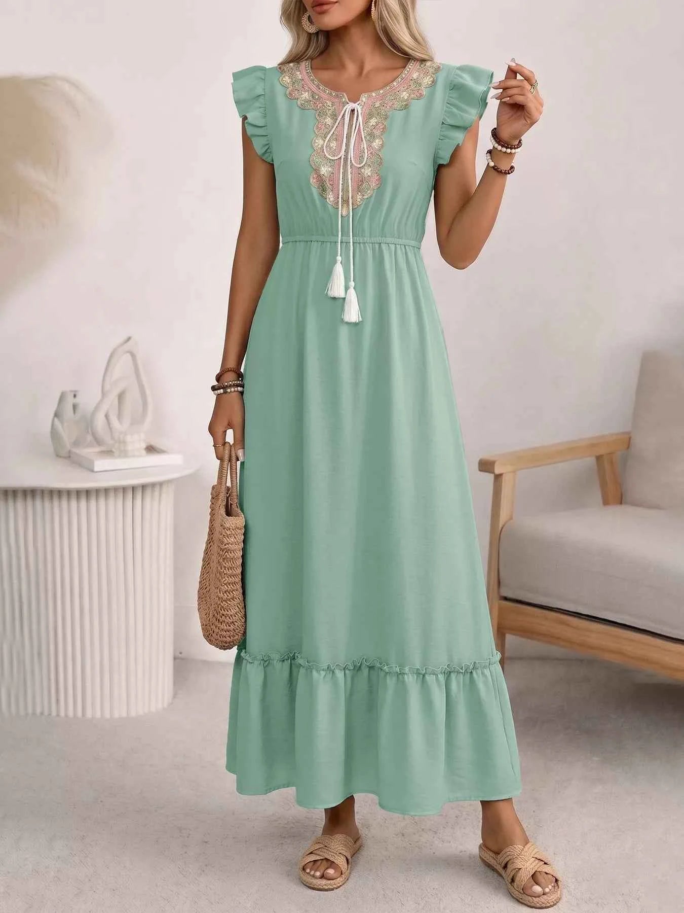 Tie Neck Ruffle Sleeve Maxi Dress