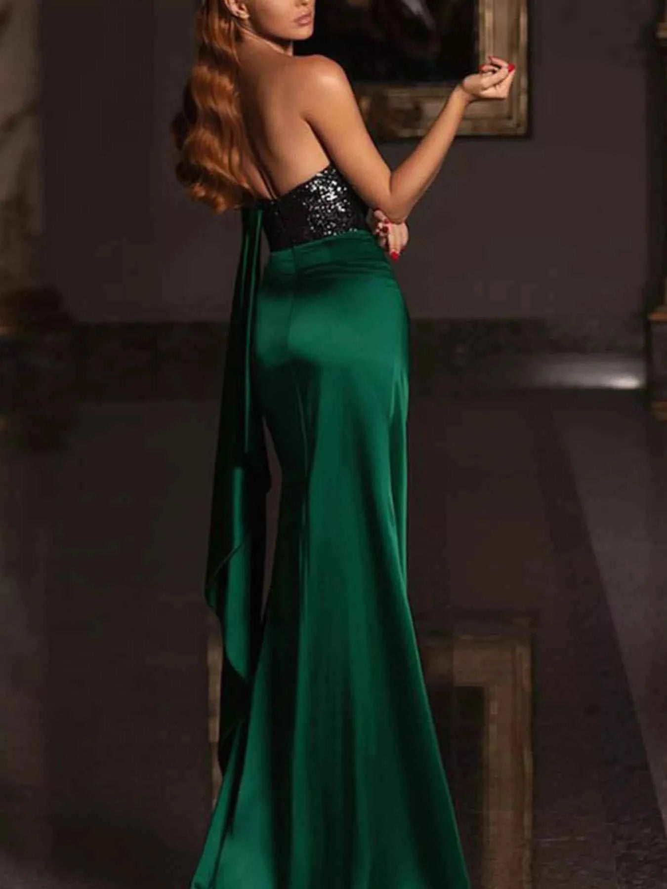 One-Shoulder Sequin Bodice Satin Gown with High Slit
