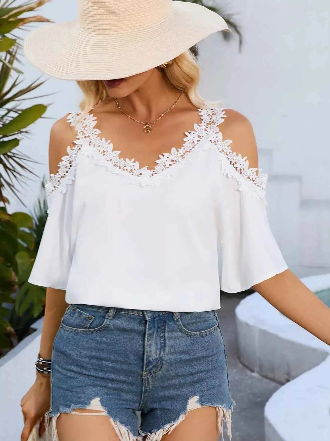 Cold Shoulder Lace Trim Blouse