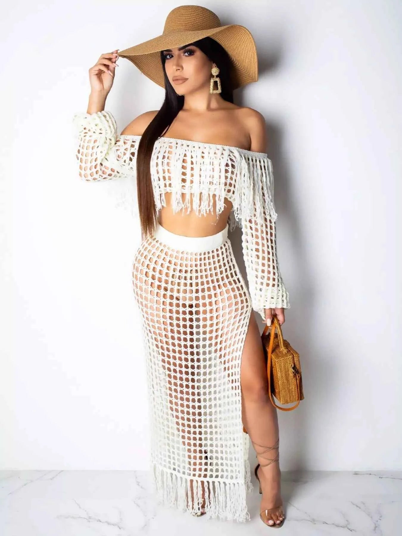 Full Size Crochet Off-Shoulder Fringe Top and Skirt Set Plus Size