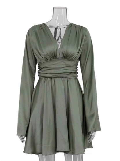 V-Neck Satin Mini Dress with Flowy Sleeves