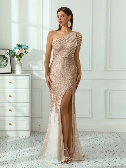 Champagne Gold Sequin Split Mermaid Shoulder Dress