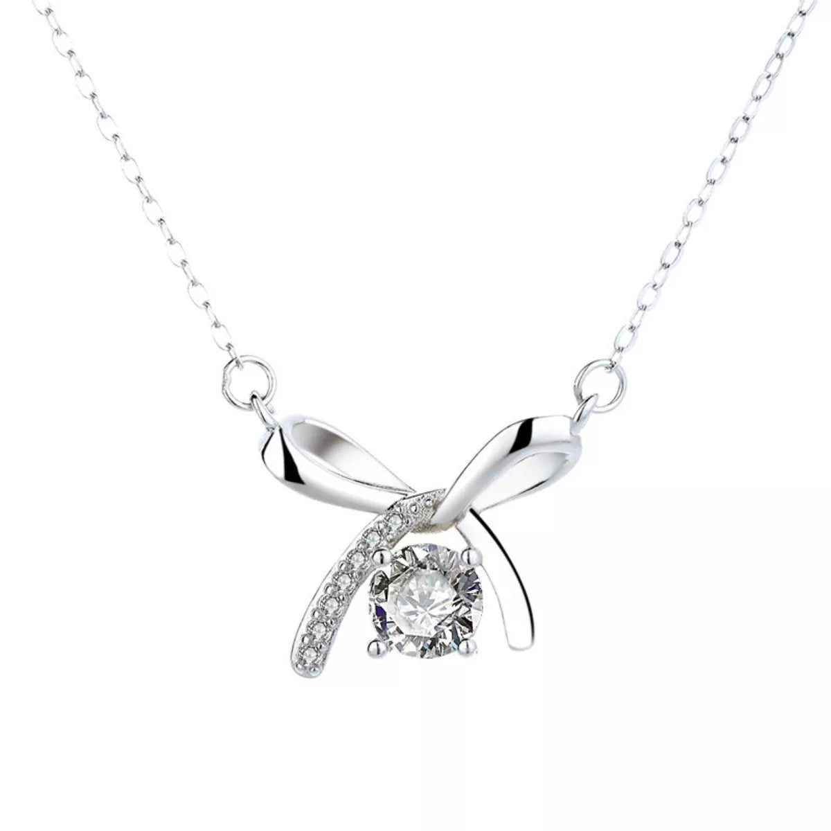 925 Sterling Silver Zircon Ribbon Pendant Necklace