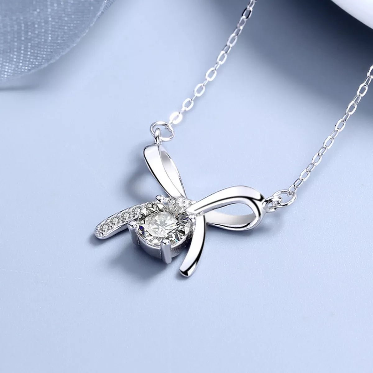 925 Sterling Silver Zircon Ribbon Pendant Necklace