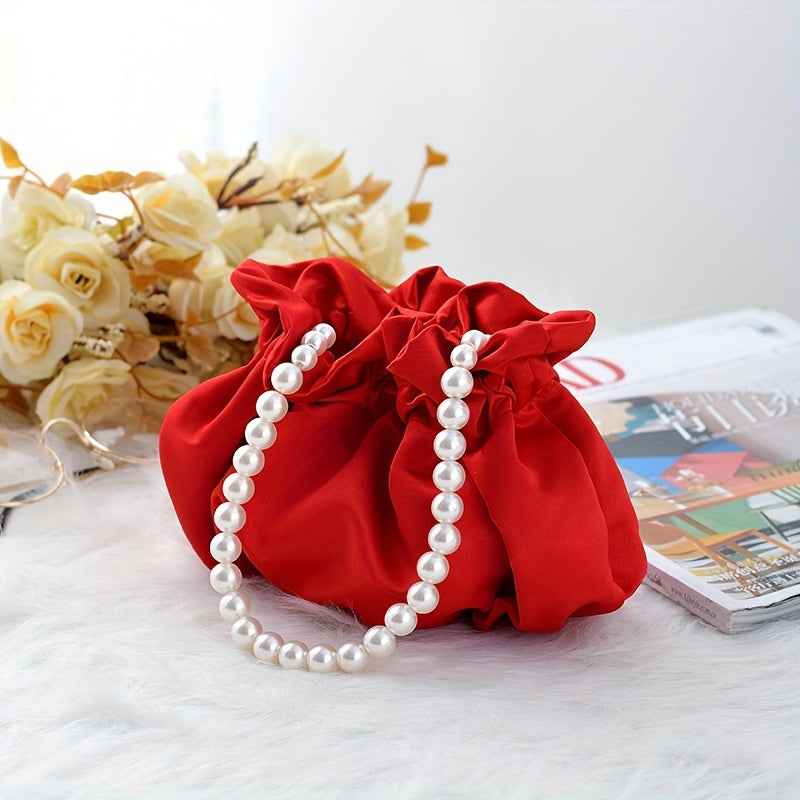 Pearl Satin Handbag – Cute Small Tote & Elegant Evening Bucket Bag