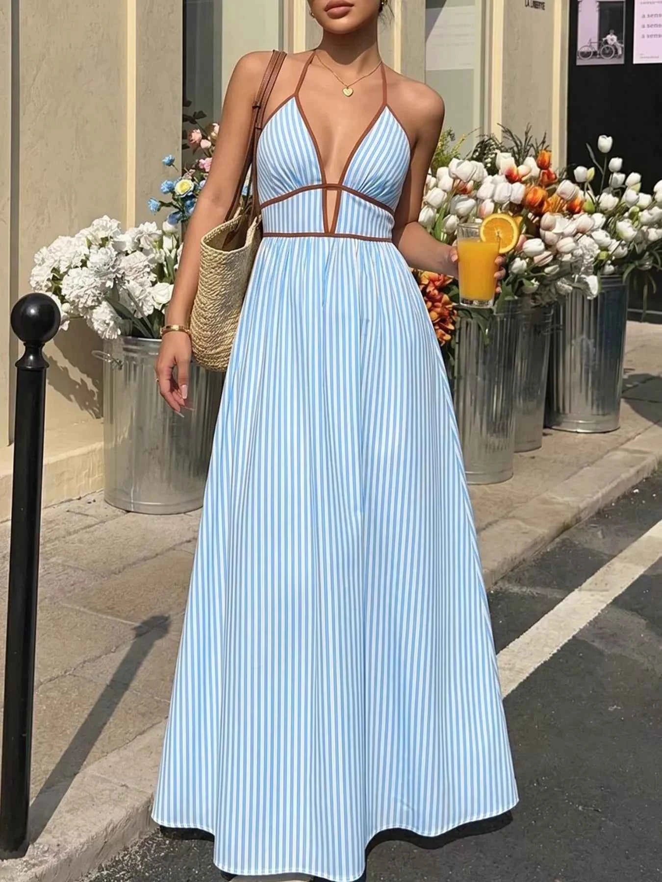 Striped Halter Neck Maxi Dress